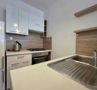 A kitchen in a 2-room apartment with a cooktop, a gas oven, and a floor with a wooden decor.