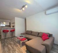 Living room of a two-room apartment with dark furniture and a wooden decor floor.