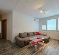 Living room with a brown sofa, glass table, wooden decor flooring in a 2-room apartment.