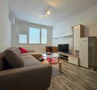 Living room of a two-room apartment with a corner sofa and a floor with a wooden decor.