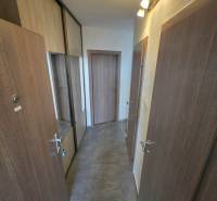 A hallway in a 2-room apartment with tiles and a built-in wardrobe with mirrored doors.