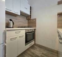 A kitchen in a 2-room apartment with white cabinets and a wood-patterned floor.