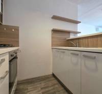 A kitchen unit in a 2-room apartment with a wood-patterned floor and a built-in oven.