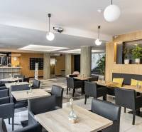 Offices with wood-patterned flooring, desks, black chairs, and plants in Bratislava.