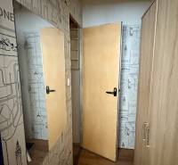 A studio apartment with travel-themed walls and a wooden decor floor.