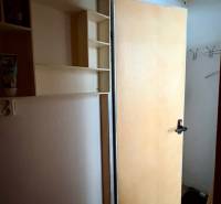 Open door, wall with shelves, hooks. Studio apartment with wood-patterned flooring.