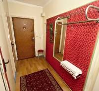 Combination of red wallpapers and a mirror in a 3-room apartment with a wooden decor floor.