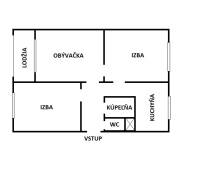 Floor plan of a 3-room apartment with a loggia, bathroom, and kitchen.