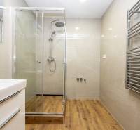 A bathroom in a 3-room apartment with a shower and a wooden decor floor.