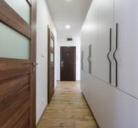 A hallway in a 3-room apartment with a wooden decor floor and a white built-in wardrobe.