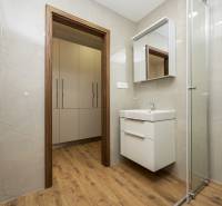 A bathroom in a 3-room apartment with a wooden decor floor and modern furnishings.