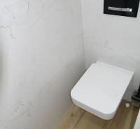 Bathroom with toilet and wooden decor flooring in a 3-room apartment.
