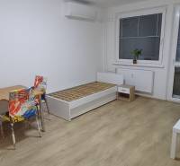 3-room apartment with wood-patterned flooring, a table, chairs, and a bed.