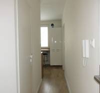 A narrow hallway with a wooden decor floor leads to the kitchen in a 3-room apartment.