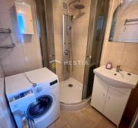 A bathroom with a washing machine, shower, sink, and mirror in a 3-room apartment.