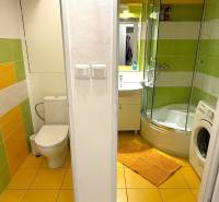 Bathroom and toilet in a 3-room apartment with colorful tiles and a shower corner.