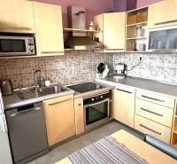 A kitchen in a 3-room apartment with wooden decor cabinets, a dryer, and an oven.