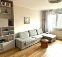Living room of a three-room apartment with a gray sofa, a shelf, and a wooden-patterned floor.