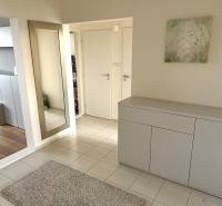 Hallway in a 3-room apartment with white furniture, a mirror, and a floor with a wood decor.