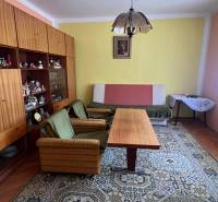 Living room in a family house with retro furniture, green armchairs, and a large carpet.