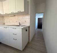 A kitchen in a studio apartment with white cabinets and a wood-patterned floor.