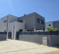 A villa on Zukve Street in Vrsi with modern architecture and a palm tree in the yard.
