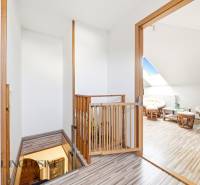 Staircase and attic room, wooden decor flooring in a family house.