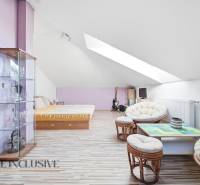 Attic room in a family house with a wooden decor floor, furniture, and skylights.