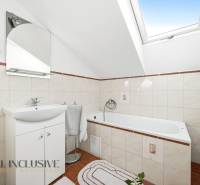 Bathroom with a skylight, white sanitary ware, and tiles in a family house.