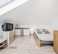 Attic bedroom with a TV, bed, and wardrobes in a family house.