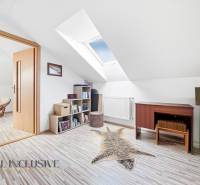 Attic room in a family house with a wooden decor floor and a skylight.