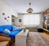 Living room in a family house with a carpet pattern and a furniture wall.