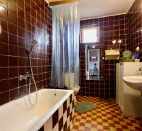 A bathroom in a family house with stylish dark brown tiles and a classic bathtub.