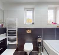 A bathroom in a family house with a bathtub, tiles, a sink, and windows on the wall.
