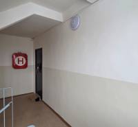 A corridor to a 3-room apartment with a fire hydrant and light.