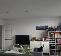 Living room of a three-room apartment with a bookshelf, television, and light-colored furniture.