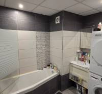 A bathroom in a 3-room apartment with a bathtub, washing machine, and dark tiles.