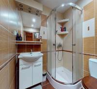 Bathroom in a 3-room apartment with a modern shower and toilet with a wooden decor.