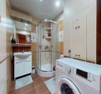 A bathroom in a 3-room apartment with a shower, washing machine, and brown tiles.
