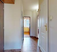 A hallway in a 3-room apartment with a wooden decor floor and white doors.