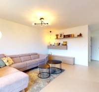 Living room in a family house with a corner sofa, round tables, and a wooden decor floor.