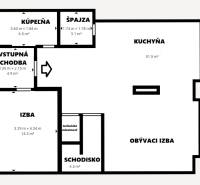 Floor plan of a family house with a kitchen, bathroom, bedroom, and living room.