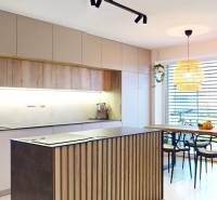 A kitchen in a family house with wooden decor furniture and large windows.
