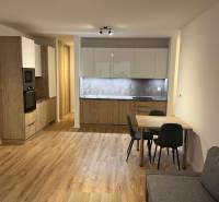 A kitchen in a 2-room apartment with a wooden decor floor and a dining table.
