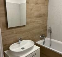 A bathroom in a 2-room apartment with a wooden decor floor and a bathtub.