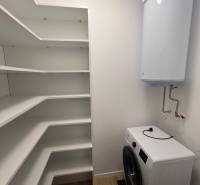 Laundry room in a 2-bedroom apartment with shelves and wood-patterned flooring.