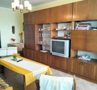Living room in a 2-room apartment with wood decor furniture and a retro TV.