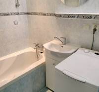 Bathroom of a two-room apartment with a bathtub, sink, and washing machine.
