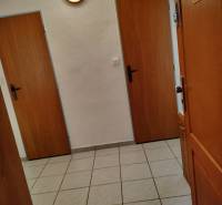 Entrance hallway in a 2-room apartment with tiles and wooden doors.