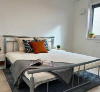 Bedroom in a 2-room apartment with a metal bed, wooden decor flooring, simple decorations.